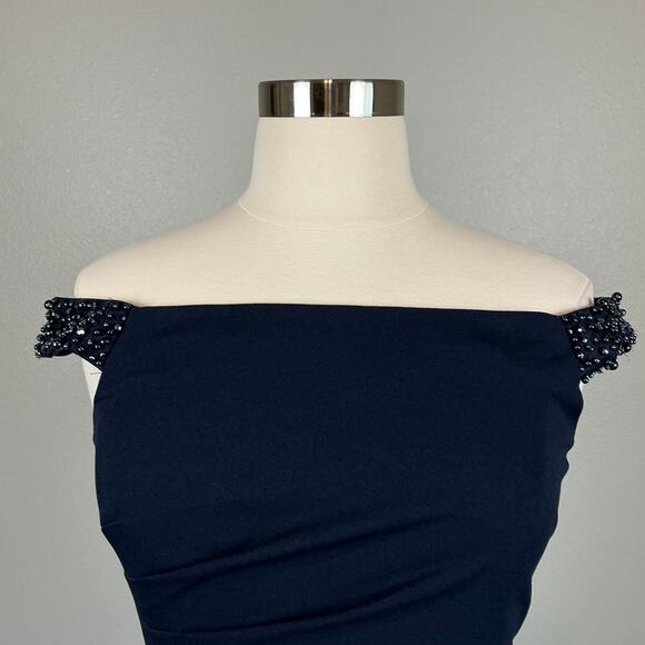 Adrianna Papell Beaded Off the Shoulder Evening Gown Blue Size 12 Thigh Slit - Picture 7 of 14